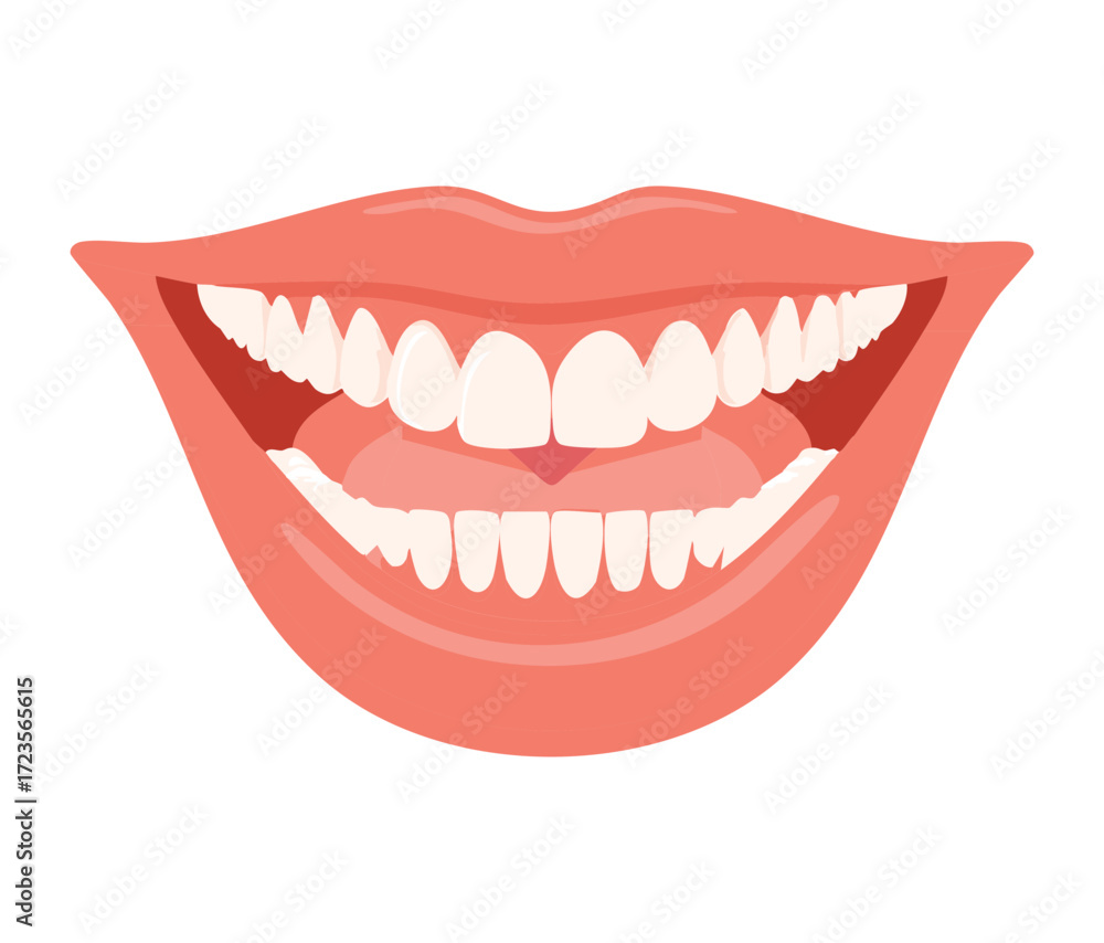 Naklejka premium Close-up illustration of a wide, attractive smile with perfect white teeth and healthy pink gums, ideal for showcasing cosmetic dentistry results 