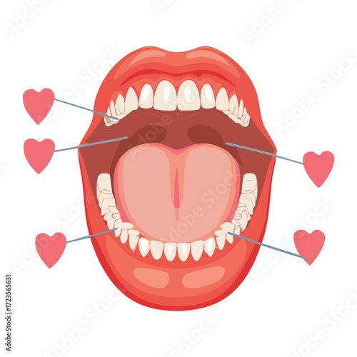 Close-up of a smiling mouth with full, pink lips, showing perfectly aligned white teeth and the proper use of an interdental brush for hygiene	