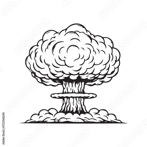 Illustration of a mushroom cloud, a visual representation of a nuclear explosion, in black and white.