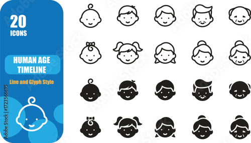 Set of minimalist line and solid icons showing human age timeline from baby, child, teenager, adult to senior, perfect for infographic, healthcare, family, and education design; vector illustration.