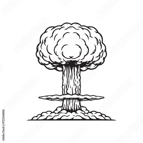 Black and white illustration of a nuclear explosion, mushroom cloud rising dramatically.