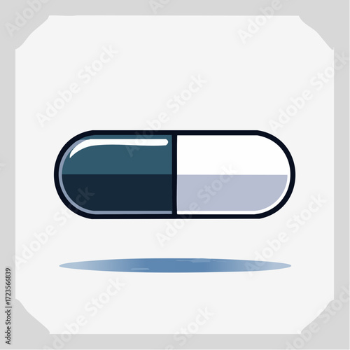 A stylized graphic illustration of a capsule pill, divided into dark and light halves.