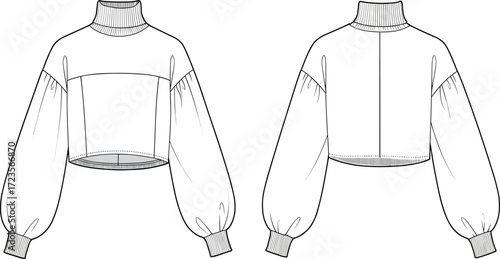 Long sleeve cropped top fashion illustration, technical drawing garment design, ribbed turtleneck collar, balloon sleeves with cuffs, fitted bodice, front back view sketch, sewing pattern