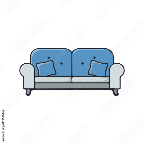 A stylized illustration of a blue and white two-seater sofa with pillows.