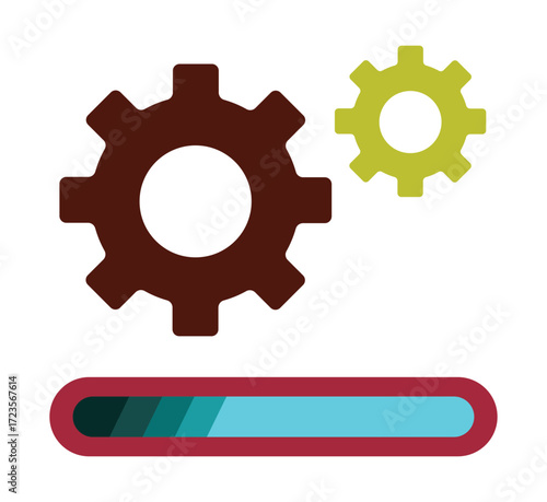 System processing or update in progress icon. Features gears and a loading bar for software installation or configuration status.