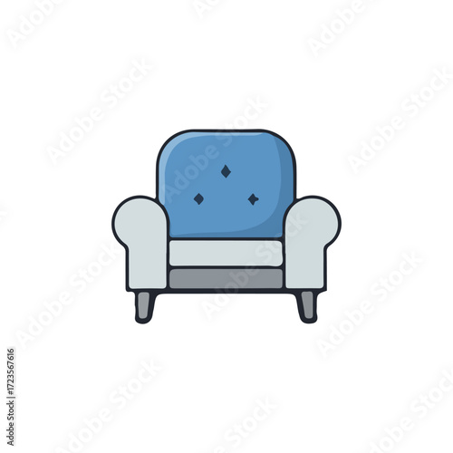 Illustration of a blue and white armchair with a simple, modern design on a white background.