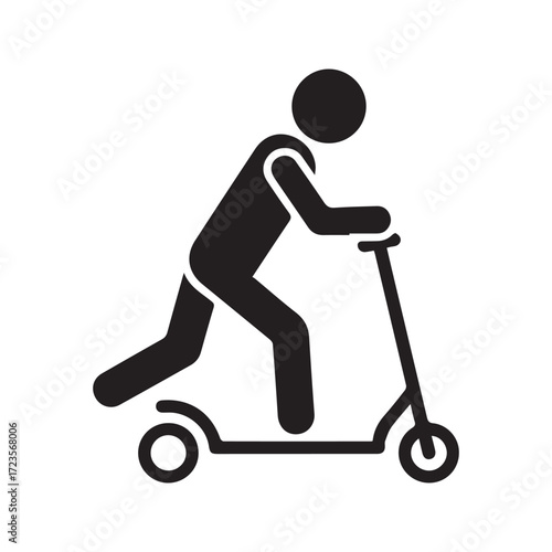 Scooter rider icon, simple silhouette of a person on a kick scooter. Symbol for transportation, recreation, and urban mobility.
