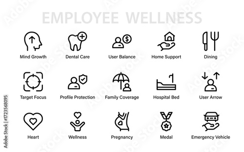 Employee Health and wellness care line icons featuring hospital, emergency, family coverage, pregnancy, dental care, home support, balance, and protection.