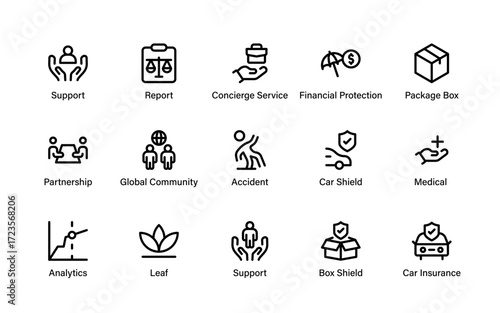 A modern icon set featuring partnership, insurance, medical analytics, financial protection, package delivery, and global support services.