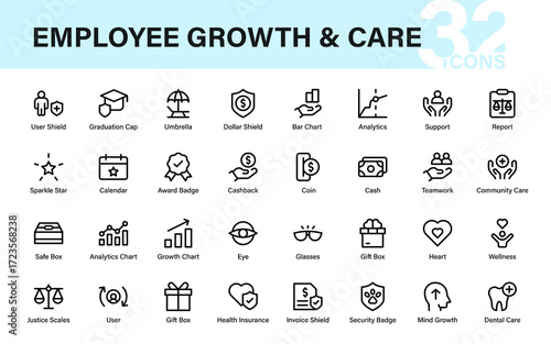 Modern line icon set employee growth and care. finance, health, security, and teamwork, charts, insurance, shields, and graduation caps
