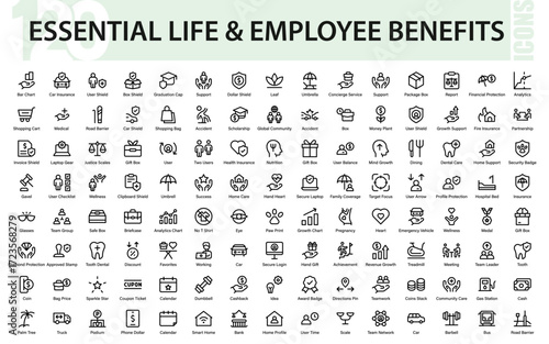 Modern essential life, business, finance, health, and community line icon set for growth, wellness, insurance, teamwork, and smart lifestyle design