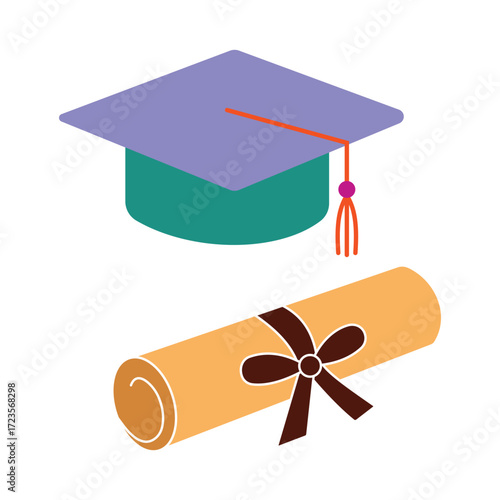 Graduation cap and diploma scroll icon. A colorful illustration representing academic achievement, education, and ceremony.