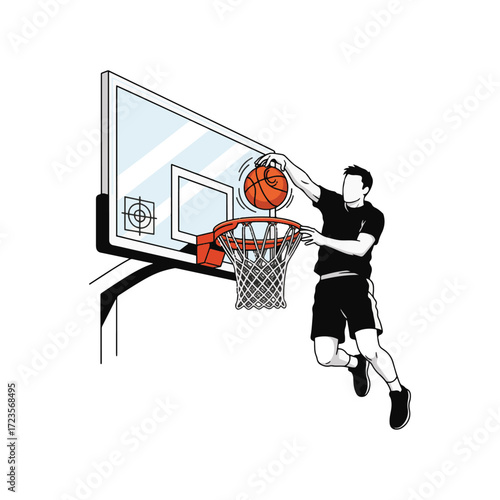 Basketball player executing a powerful dunk shot, soaring towards the hoop.