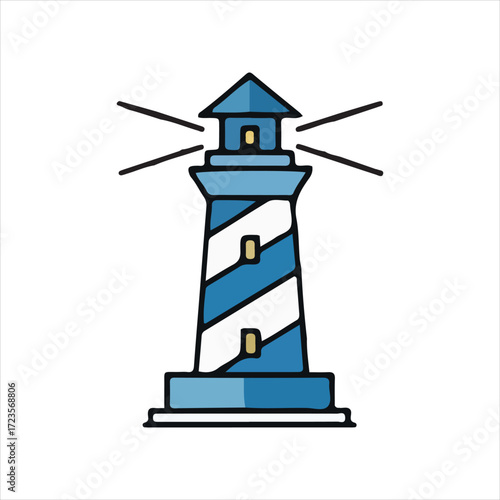 Illustration of a blue and white striped lighthouse with light beams emanating from the top, on a white background.