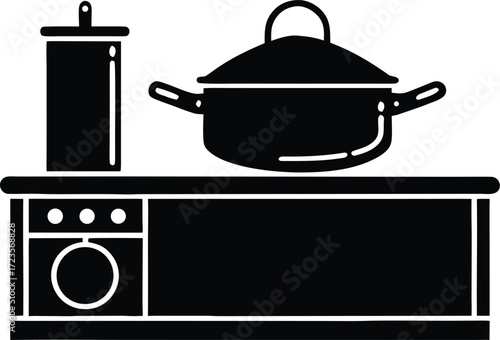 kitchen range with a pot and pan on top silhouette Vector Illustration
