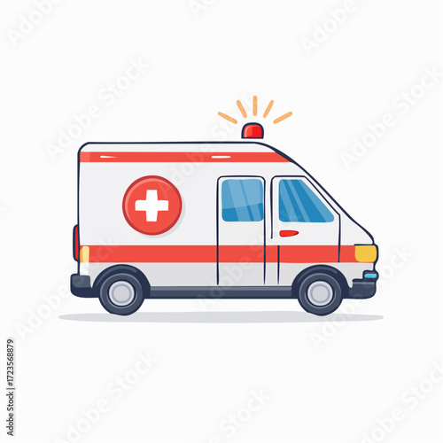 A cartoon illustration of a red and white ambulance with flashing lights, ready for emergency response.