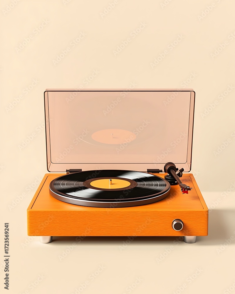 Fototapeta premium Vintage Turntable with Black Vinyl Record on Beige Background