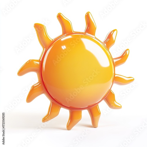 Cartoonish sun icon, glossy orange, 3D render