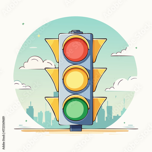 A stylized traffic light illustration against a cityscape backdrop, showing red, yellow, and green lights.