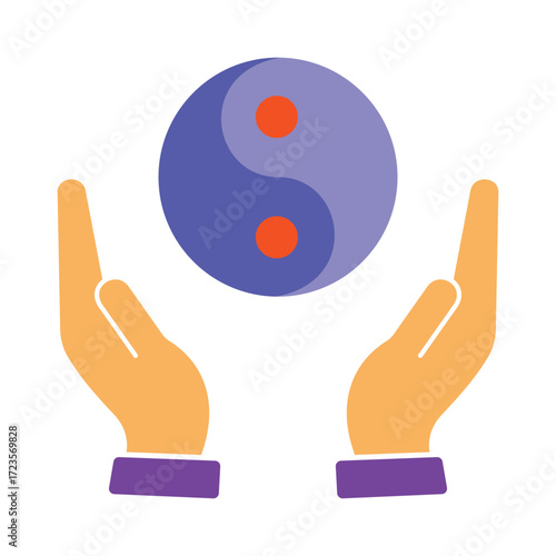 Hands holding a Yin Yang symbol. Icon for balance, harmony, and spiritual wellness. A concept for life and mental well-being.