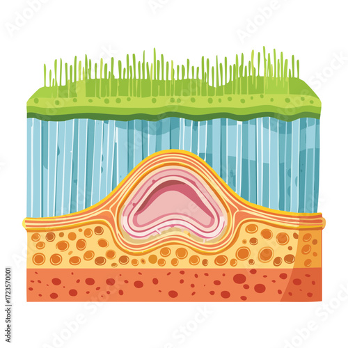 Detailed cross-section showing a diseased area of the intestinal wall, such as a polyp or inflamed tissue	