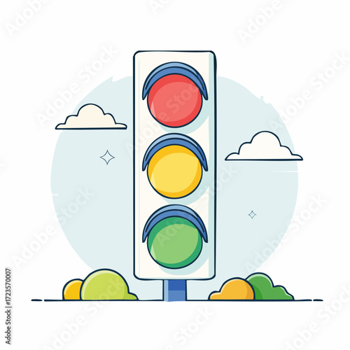Simple illustration of a traffic light against a light blue sky with clouds and stylized bushes.