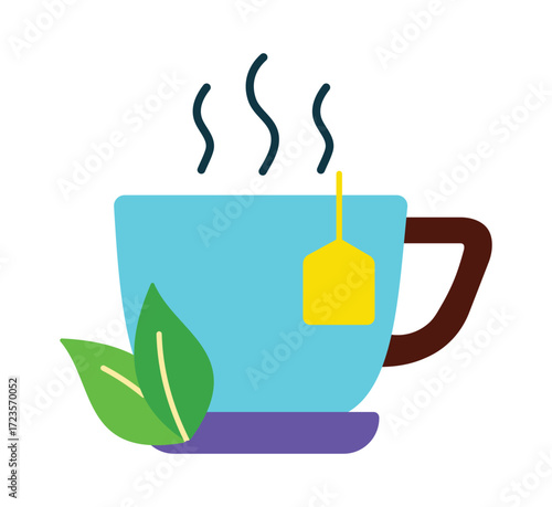 Colorful flat icon of a steaming cup of tea with a tea bag and fresh leaves. Illustration for a hot beverage, cafe, or breakfast menu.