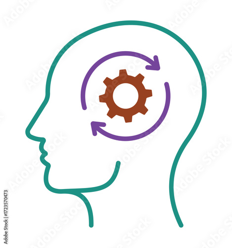 Thinking process and personal development icon. Human head with a rotating gear, symbolizing learning and adaptation.