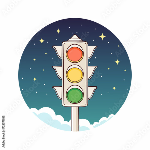 Nighttime traffic signal, illuminated against a starry sky, atop fluffy clouds.