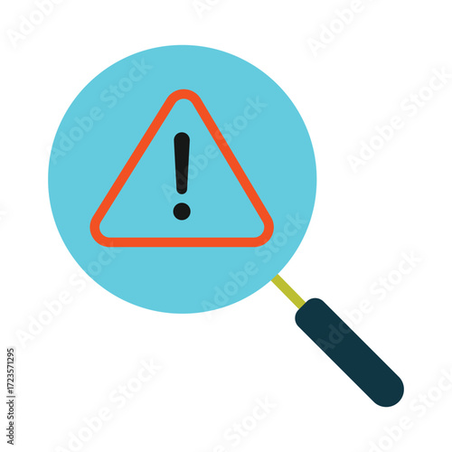 Risk analysis and problem detection icon. A magnifying glass with a warning sign for identifying errors, threats, and security issues.