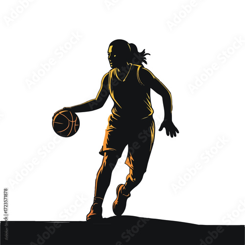 Silhouette of a female basketball player dribbling the ball while moving forward on a court.