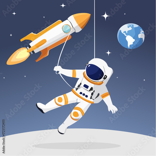 Astronaut tethered to a small rocket, floating in space near Earth.