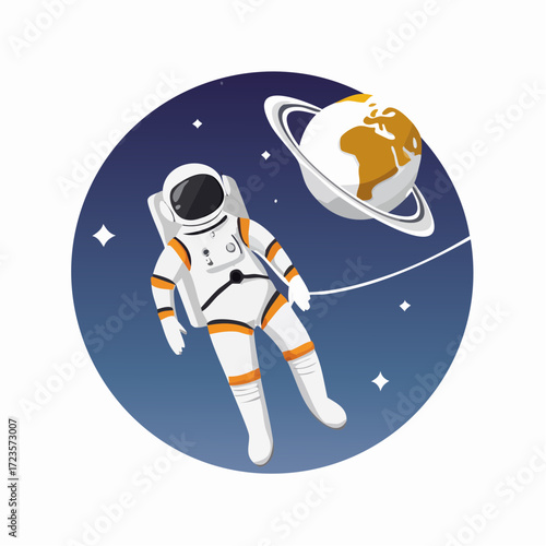 Astronaut floating in space tethered to a planet with rings.