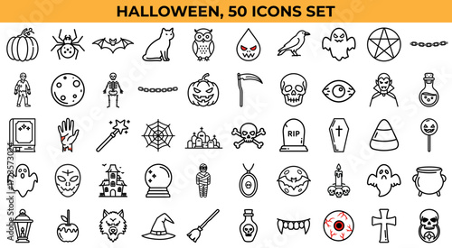 Collection of Halloween-themed icons including pumpkins, ghosts, and bats  