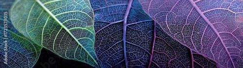 Close-up of multi-colored translucent leaves, showing intricate vein patterns