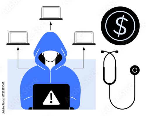Hooded hacker using a laptop with visible warning sign. Four connected laptops, medical equipment, and dollar sign indicate cyberattacks, data breaches, and financial fraud. Ideal for cybersecurity