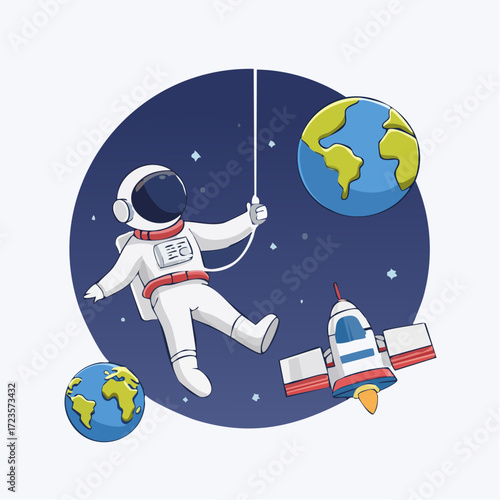 Astronaut playfully suspended in space, near Earth and a small spacecraft.