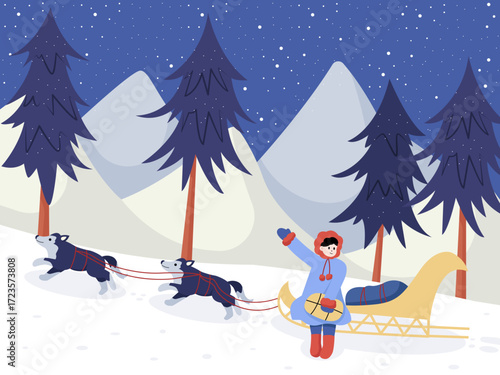 Nordic woman riding a reindeer sleigh in winter