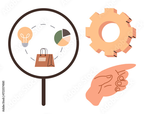 Magnifying glass focuses on lightbulb, shopping bag, and pie chart. Nearby, a gear and pointing hand suggest analysis, creativity, teamwork, commerce problem-solving progress strategy. Simple flat