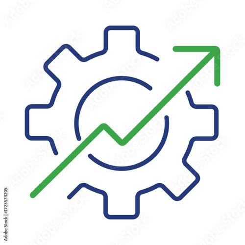 Operational excellence and performance improvement icon. A line art graphic of a gear with a growth arrow symbolizing workflow optimization.