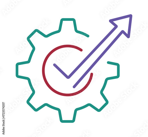 Process improvement and operational excellence icon. A gear with a check mark and a growth arrow symbolizing workflow optimization.