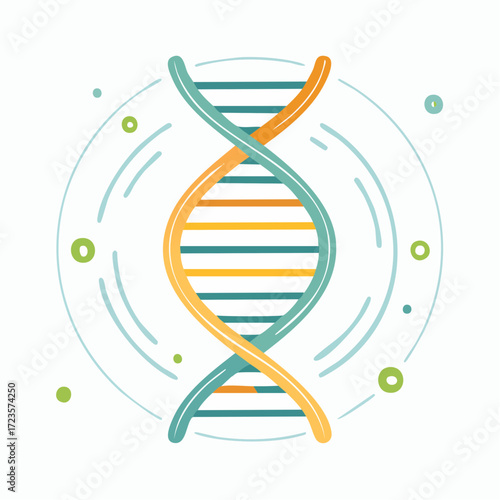 Stylized DNA double helix illustration, vibrant colors, circular background.