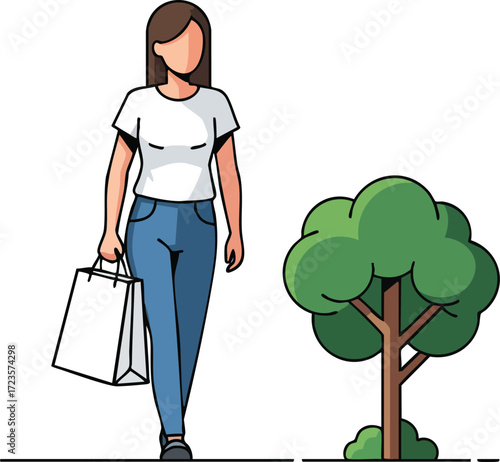 Woman Walking with Shopping Bag Near Tree Illustration