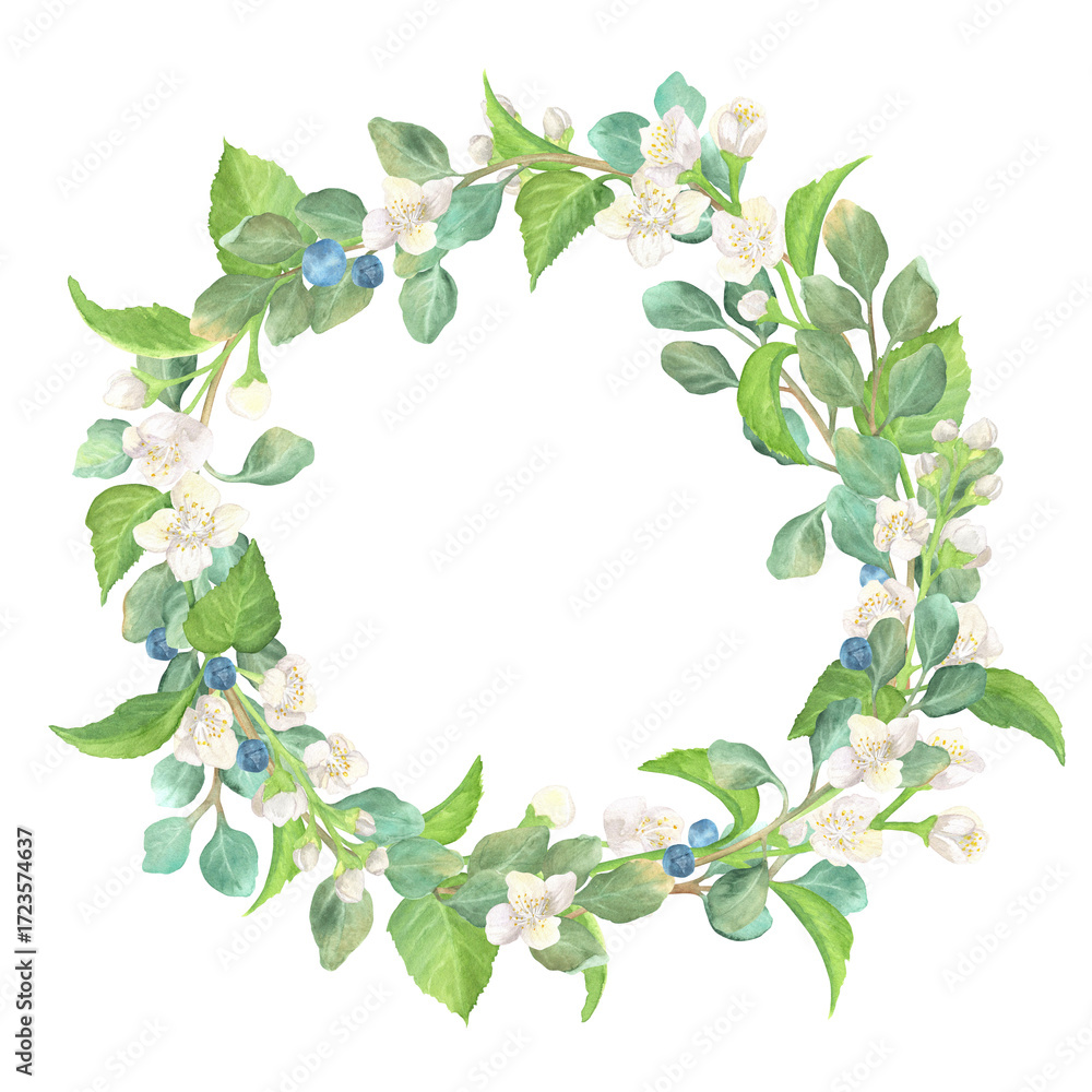 Fototapeta premium Floral wreath of jasmine and eucalyptus branchlets. White blossoms and green leaves. Circle floral frame. Garden clipart. Hand-drawn watercolor illustration for greeting cards, invitation, poster