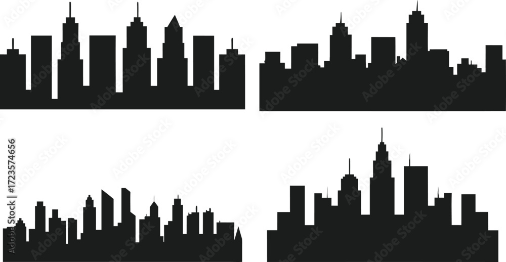 Naklejka premium City silhouette set vector illustration. Isolated Set of black city silhouette. Night town skyline icons. Eps 10
