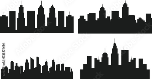 City silhouette set vector illustration. Isolated Set of black city silhouette. Night town skyline icons. Eps 10