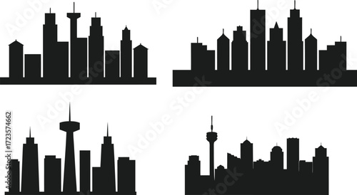 City silhouette on transparent background. Isolated Set of black city silhouette. Night town skyline icons vector illustration. Eps 10