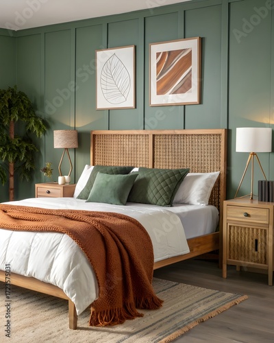 Modern Cozy Bedroom Interior with Wooden Bed, Green Accents, and Warm Decor