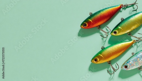 Four colorful fishing lures on a mint green background
