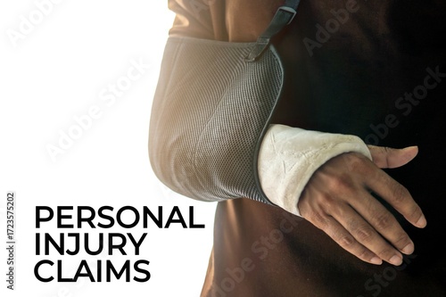 A person's arm encased in a white plaster cast with text PERSONAL INJURY CLAIMS. Medical and healthcare concept.